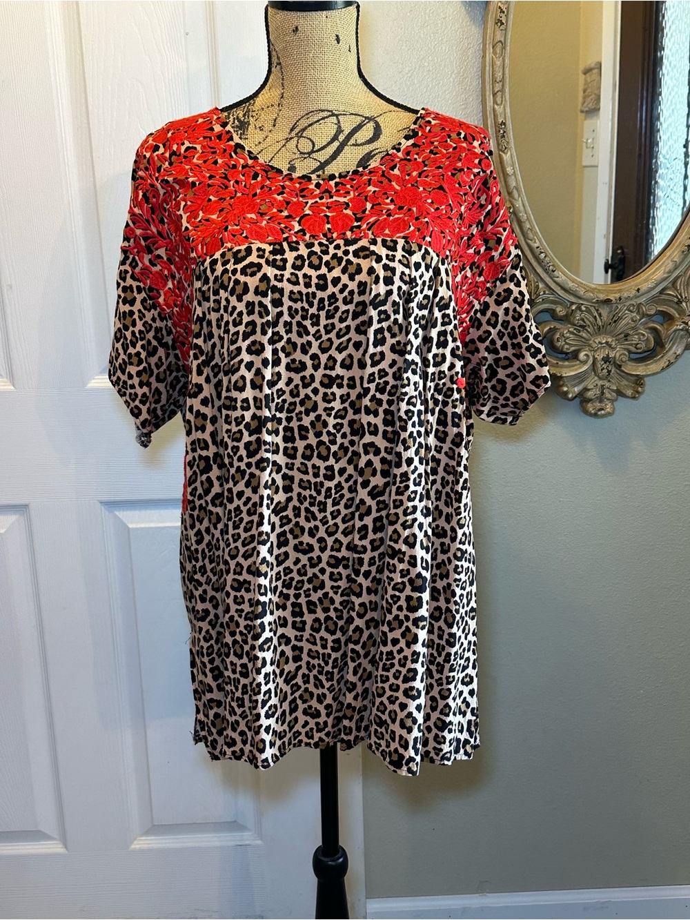Leopard Print Embroidered  Blouse
